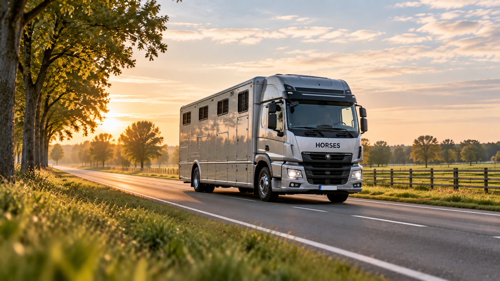 Zilveren professionele paardenvrachtwagen onderweg in warm avondlicht